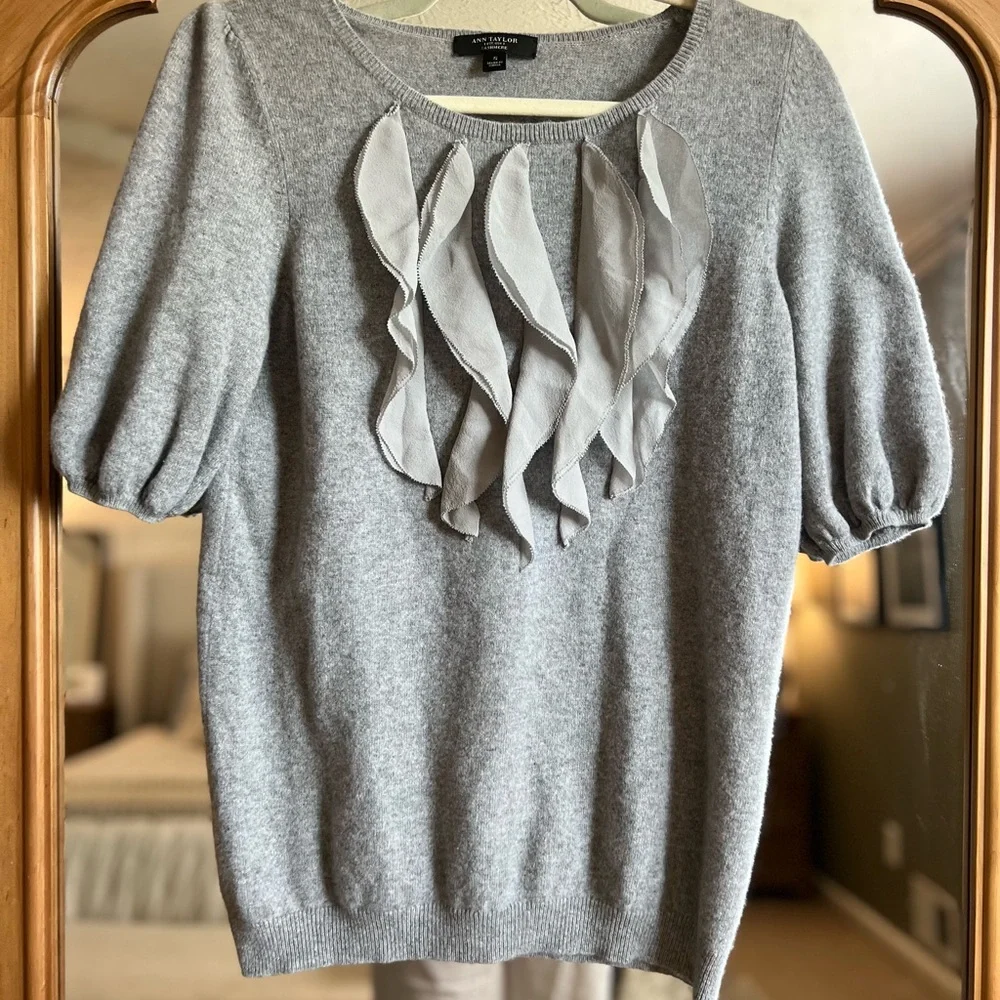 Ann Taylor Gray Cashmere Blouse with Ruffle  Accents - Picture 2 of 4